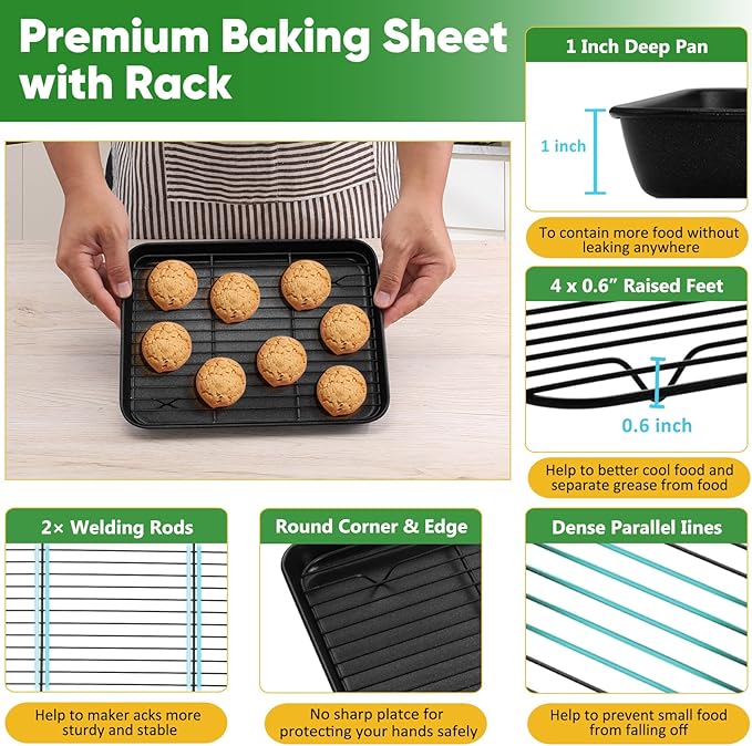 P&P CHEF Baking Oven Sheet Pan with Rack for Cookie, Nonstick Oven Tray and Cooling Rack for Baking & Roasting, Easy Clean, Black, 10.4 x 8 Inch