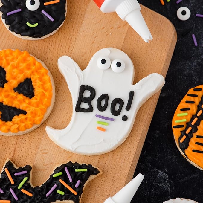 Halloween Frosting Kit with Sprinkles & Eyeballs – 11.31 oz Decorating Set with 3 Frosting Tubes (Orange, Black, White), 4 Nozzles & 2 oz Sprinkle Mix – Cookie & Cupcake Kit for Kids & Families