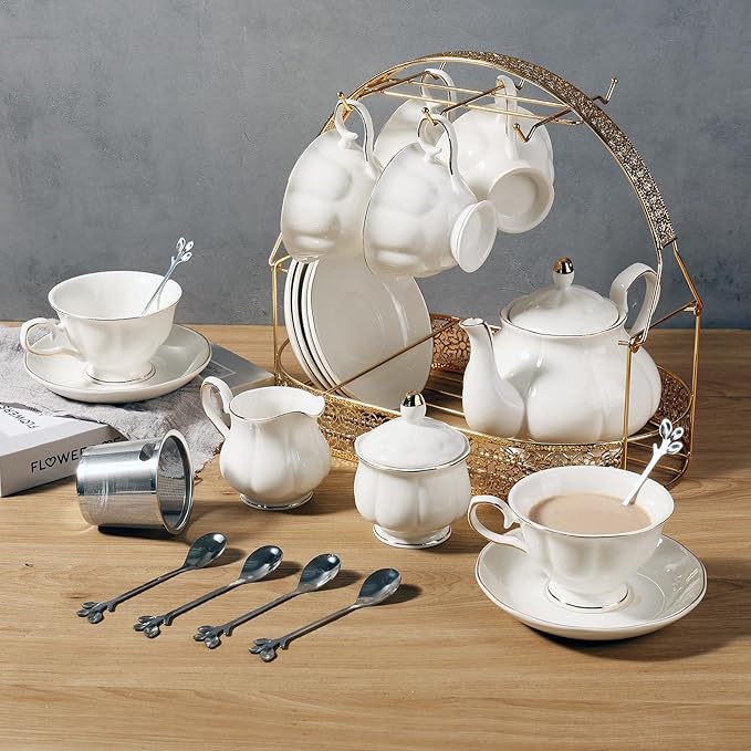 CHENP.HMC Tea Set 22-Piece Porcelain Ceramic Coffee Tea Gift Sets Cups Saucer Service for 6 Teapot Sugar Bowl Creamer Pitcher and Teaspoons (WHITE3)