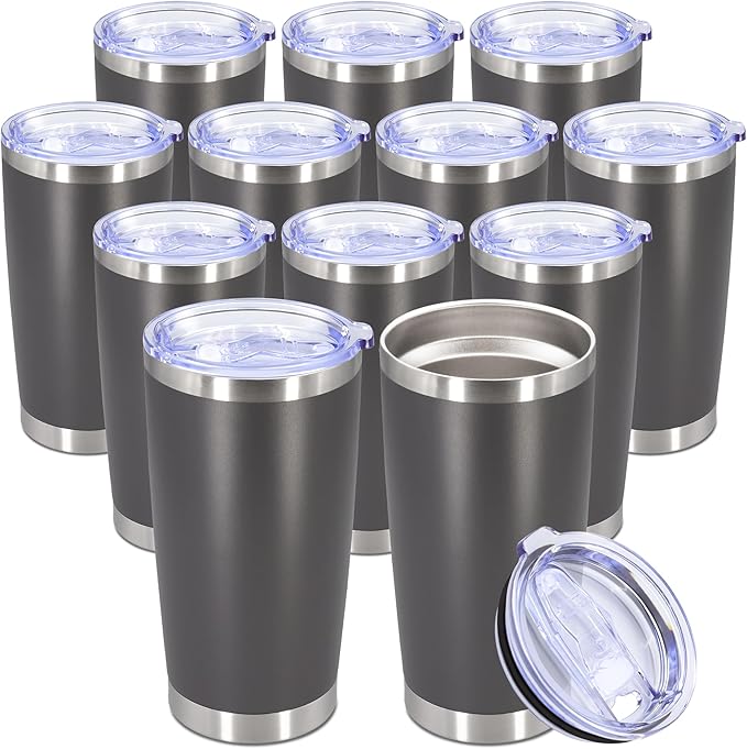 20oz Tumbler Bulk Stainless Steel Tumbler Cup with Lid Vacuum Insulated Double Wall Travel Mug, Durable Powder Coated Travel Coffee Tumbler Mug for Hot & Cold Drinks, Grey,12 Pack