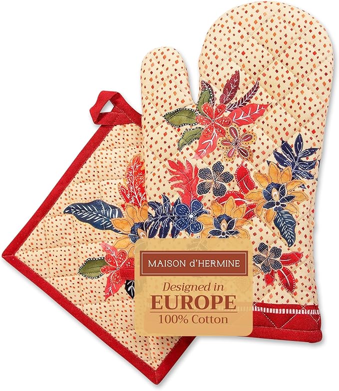 Maison d' Hermine 100% Cotton Oven Mitt & Pot Holder Set (7.5"x13" & 8"x8") Heat Resistant BBQ Cooking Gloves with Loop, Baking, Grilling, Kitchen, Handling Hot Pans (Kalahari)