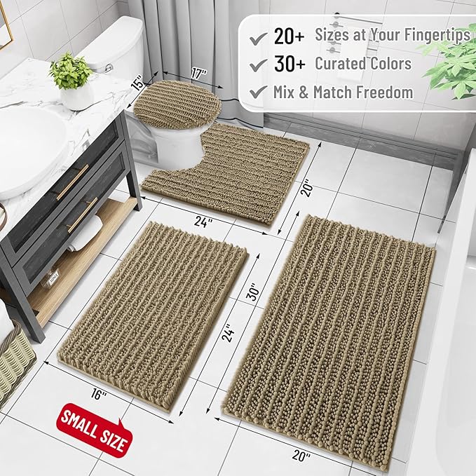 Arotive Luxury Chenille Bathroom Rug Mat, Extra Soft Thick Absorbent Shaggy Bath Rugs, Non-Slip Machine Wash Dry, Plush Bath Mats for Bathroom, Shower and Tub, 47x24, Camel