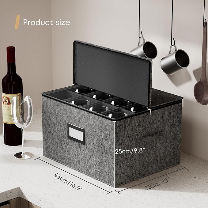 homyfort Wine Glass Storage Box, China Storage Containers with Dividers, Stemware Storage Case Holds 24 Wine Glass or long stem Crystal Glassware with Handles, Hard Shell and Stackable