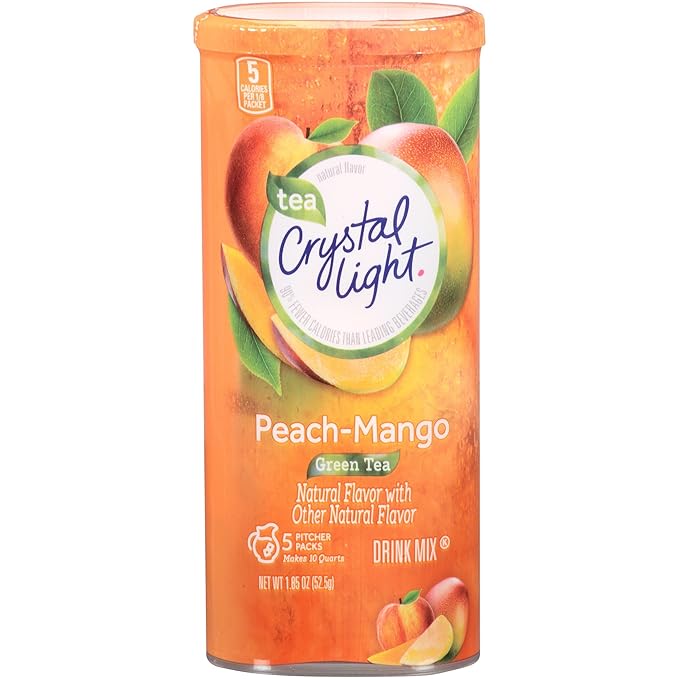 Crystal Light Peach Mango Green Tea Naturally Flavored Powdered Drink Mix, 60 ct Pack, 12 Canisters of 5 Pitcher Packets
