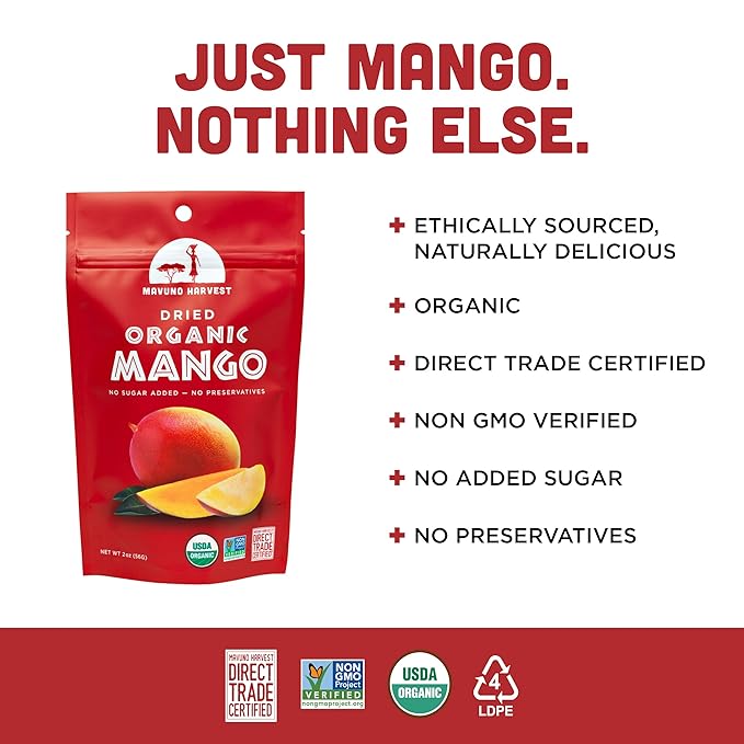 Mavuno Harvest Mango Dried Fruit Snacks | Unsweetened Organic Dried Mango Slices | Gluten Free Healthy Snacks for Kids and Adults | Vegan, Non GMO, Direct Trade | 2 Ounce, Pack of 3