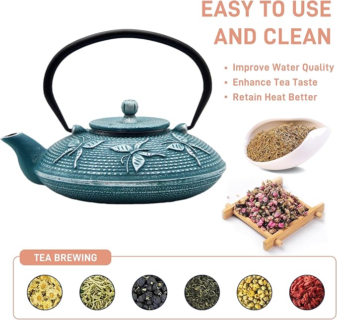Cast Iron Teapot,SECHUDO Tea Kettle Coated with Enameled Interior for Loose Tea,Cast Iron Teapot with Stainless Steel Infuser for Stovetop Safe (27.1oz Flat Butterfly Pattern)