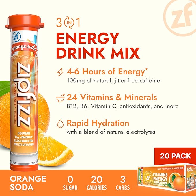 Zipfizz Daily Energy Drink Powder, Orange Soda, 12 Pack | 3-in-1 Sustained Energy, Rapid Hydration, and Essential Vitamins | Sugar-Free | Electrolyte Powder | Contains Vitamin B-12 & Antioxidants