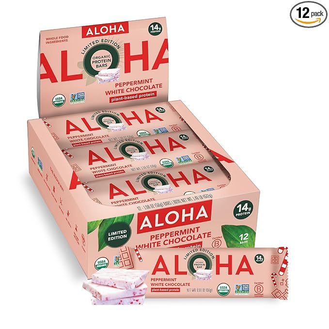 ALOHA Organic Plant Based Protein Bars - Peppermint White Chocolate, Vegan, Low Sugar, Gluten-Free, Paleo, Low Carb, Non-GMO, No Stevia, No Erythritol - LIMITED EDITION, 12 Count (Pack of 1)