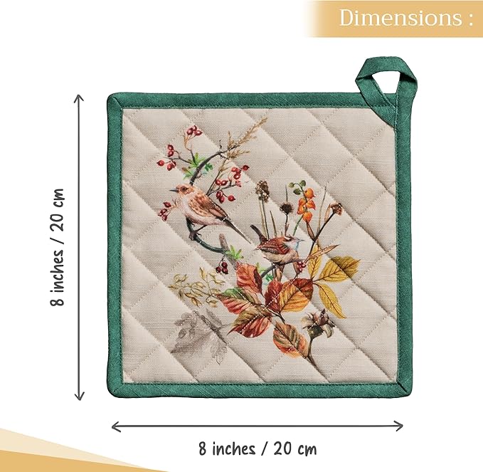 Maison d' Hermine Pot Holders 100% Cotton Heat Resistant Potholders 8" x 8" Hot Pads with Loop BBQ, Cooking, Baking, Grilling, Kitchen, Handling Hot Pans (Pack of 1, Recolte)