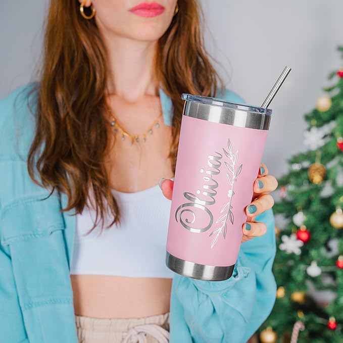 Personalized Tumbler with Engraved Name - 12 Designs, 20 Oz Coffee Tumbler with Slider Lid, Soft Pink, Double Wall Insulated - Custom Gifts for Women