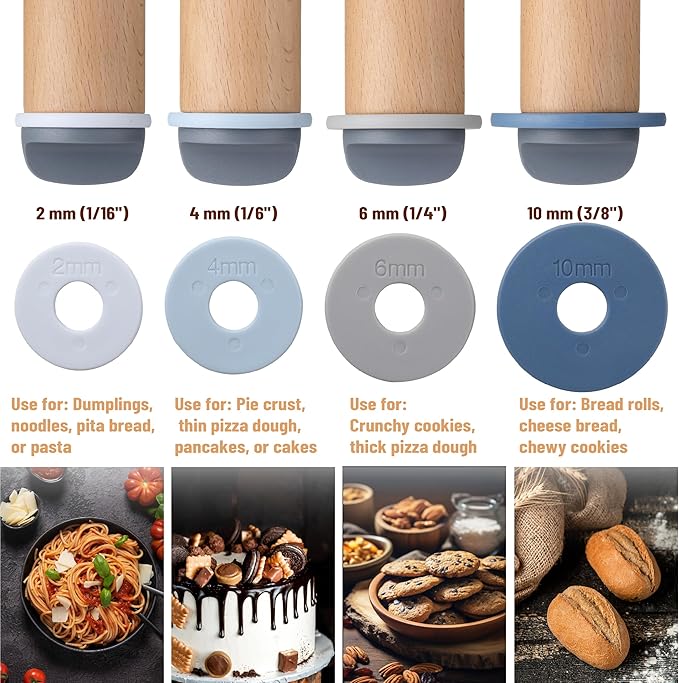 Bamboo Land- Adjustable Rolling Pin with Thickness Rings for Baking, 13.8", 4 Pastel Colored Thickness Rings (2-10 mm or 1/16"-3/8"), Wood Rolling Pins for Baking, Bread, Pizza & Cookie Doughs