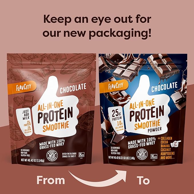 FlavCity Grass Fed Whey Chocolate Protein Powder - 25g Protein & 10g Collagen - Made with Organic Cocoa, Bananas & Coconut Milk - Gluten Free & No Added Sugars (20 Servings)