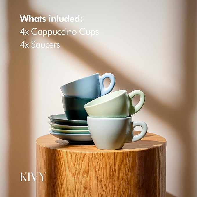 KIVY Cappuccino cups set of 4 [8oz] - Thick-walled stoneware cappuccino cup set for latte art - Cappuccino coffee cups - Tazas de cafe - Latte cups - Latte art cup and saucer set of 4 - Green, Blue