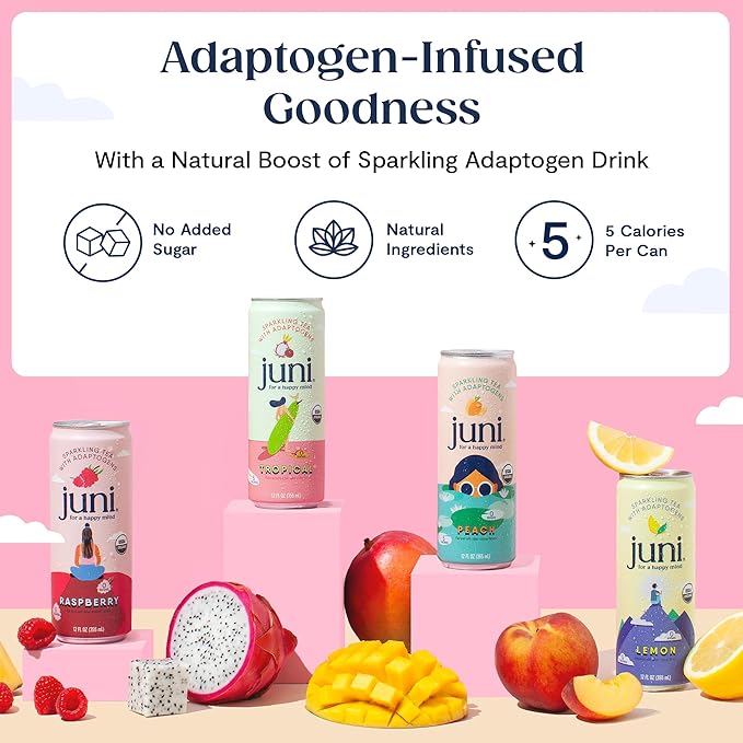 Juni Sparkling Adaptogen Drink with Ashwagandha, Lion’s Mane & Reishi Mushrooms | Green Tea for Focus, Zero Sugar, 5 Calories, Organic | Non Alcoholic Drinks - Tropical 12 pack
