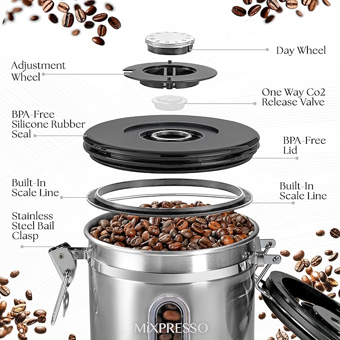 Mixpresso 16 Oz Coffee Canister with Window, Stainless Steel Airtight Coffee Container & scoop, Jar Tea Storage with Date Tracker, Vacuum Sealed Espresso Airtight Canister, Sugar Container