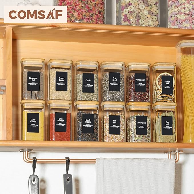 ComSaf Spice Jars with Labels 8 oz 16Pack, Small Spice Containers Starter Set, Glass Seasoning Jars with Lids, Square Seasoning Containers for Salt, Pepper, Chili Powder, Sugar, Loose Tea Storage