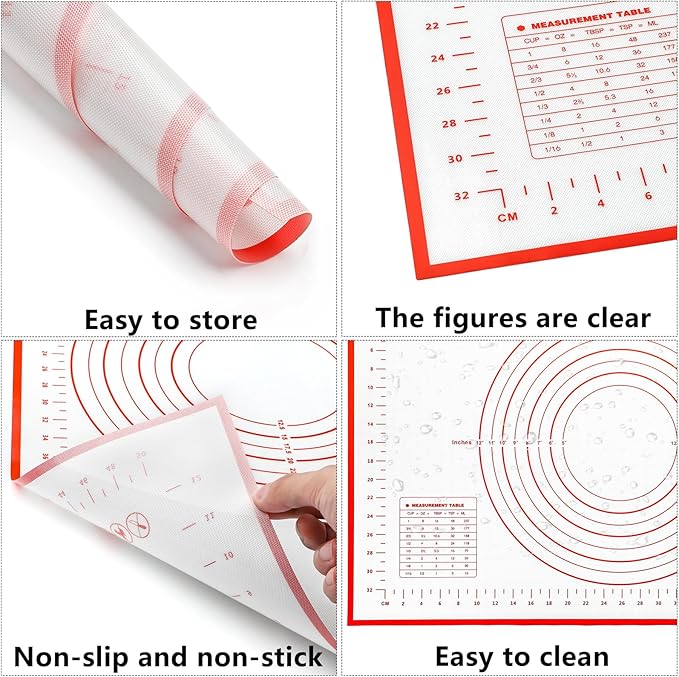 Silicone Baking Mat With Measurement Function Set of 3 Use Food Grade Silicone Ldeal for Dough Rolling Pie Crust Bread Making and Making Cookies (23.6×15.7,19.6×15.7, 15.7×11.8inch, Red)