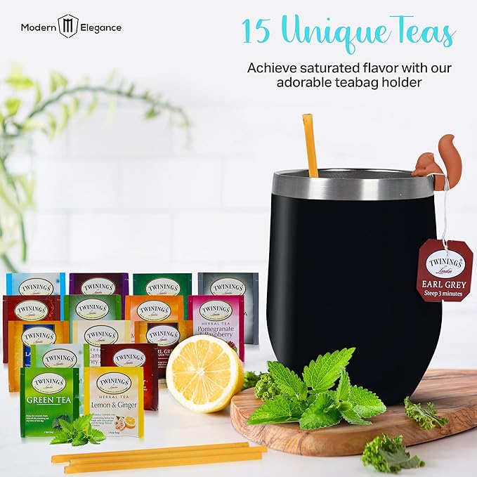 Tea Gift Set for Women and Men – Elegant Tea Sets for Women Gift with 15 Unique Teas, Stainless Steel Tumbler & 10 Honey Straws in Premium Box (Black)