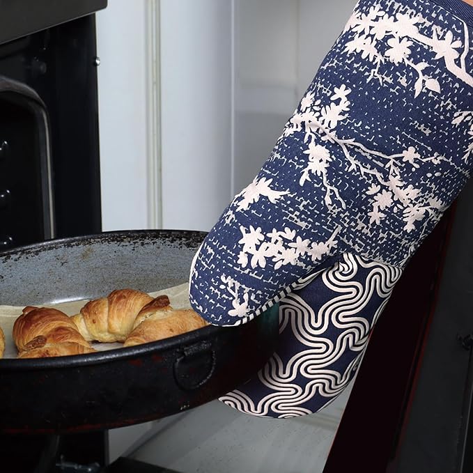 Thumb Oven Mitts, Heat and Slip Resistant Silicone Kitchen Mittens 2-Pack Set, Birds Flower Soft Long Oven Gloves, Flexible Thick Potholders for Safe Baking Cooking and Grilling (Navy)