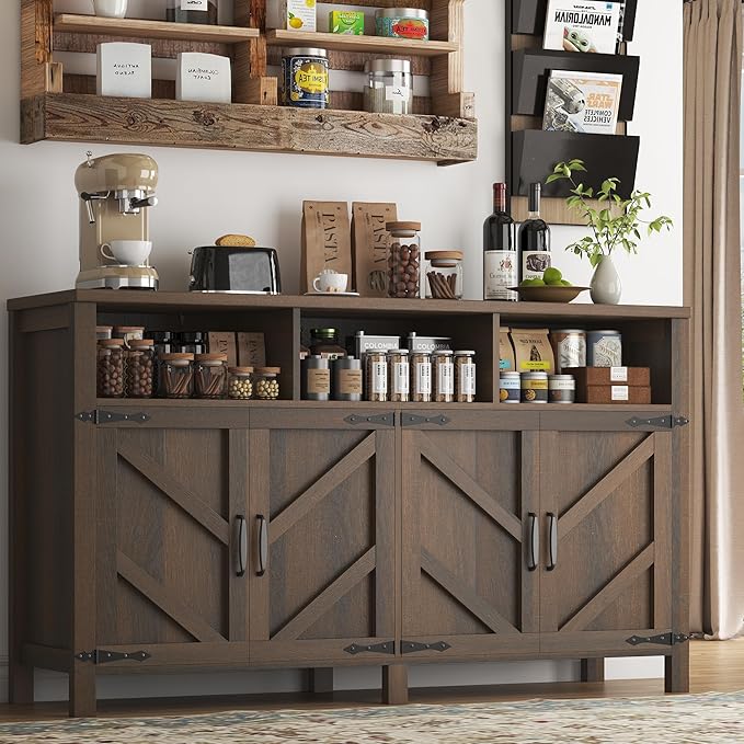 Buffet Sideboard with Storage Farmhouse with 4 Doors, 55'' Large Kitchen Storage Cabinet Wood Coffee Bar Cabinet Buffet Table with Shelves for Kitchen, Dining Room, Entryway (Brown, 55in)