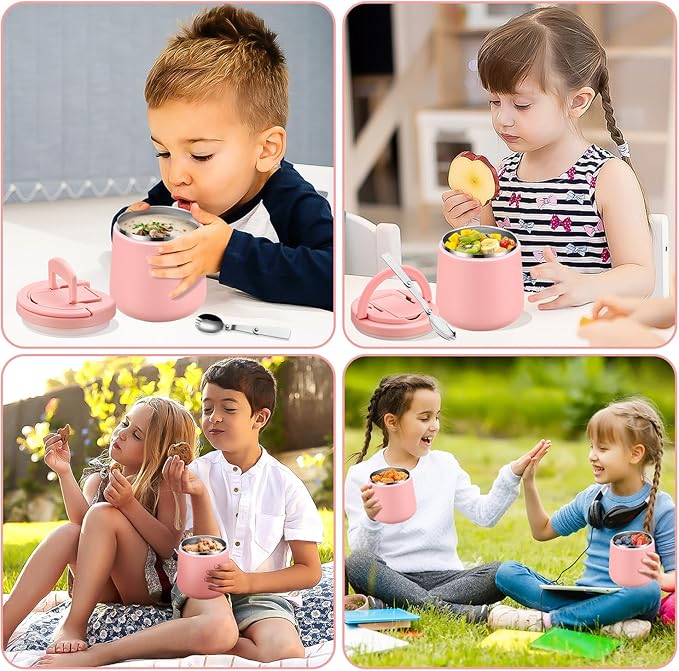 20oz Insulated Vacuum Food Jar with Buckle Lid,Soup Thermo for Hot Food Kids,Wide Mouth Leakproof Stainless Steel Lunch Container with Spoon-Pink