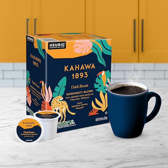 Kahawa 1893 Dark Roast Coffee K-Cup Pods Serengeti Blend (20 Count) - As Seen on Shark Tank, Low Acid, High Antioxidants, Naturally Sweet, Organically Grown, Ethically & Sustainably Sourced