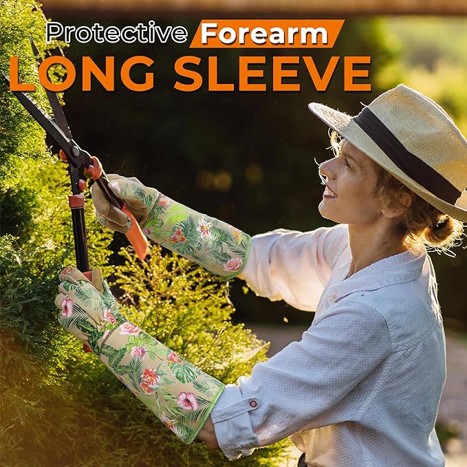 HANDLANDY Leather Gardening Gloves for Women, Scratch Resistant Breathable Ladies Rose Pruning Garden Gauntlet Yard Gloves, Gift for Gardeners (Khaki, S)
