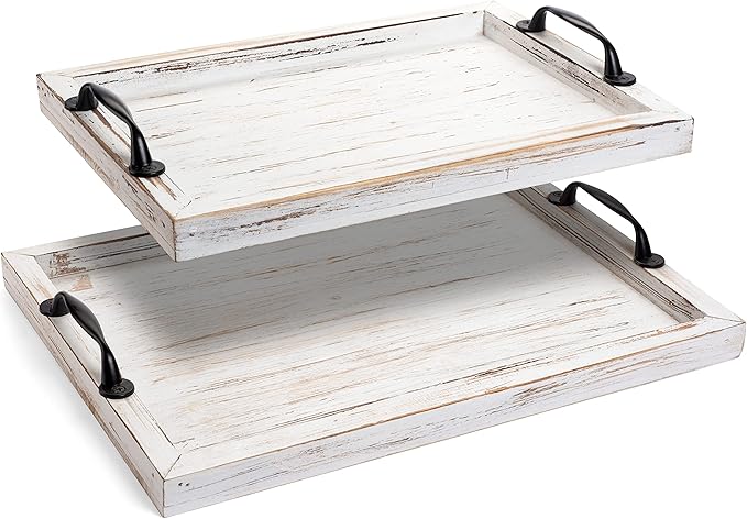 Rustic Serving Tray with Handles - 2 Nesting Trays for Serving Food - Wooden Tray for Decor, Coffee Table & Ottoman - Large Serving Tray with Distressed White Finish to Complement Any Decor