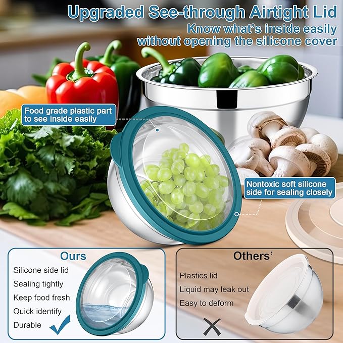 E-far Mixing Bowls with Lids and Graters, Stainless Steel Salad Mixing Bowl with Transparent Lid Set of 3, Metal Nesting Salad Storage for Kitchen Prepping/Serving/Baking, 4.6/2.6/1.5QT - Teal Blue
