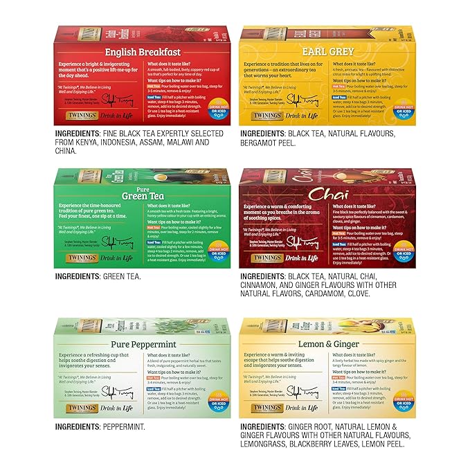 Twinings Variety Pack Tea Bags, 25 Count (Pack of 6) Includes English Breakfast, Earl Grey, Lemon Ginger, Peppermint, Green, and Chai, Enjoy Hot or Iced, 150 Teabags