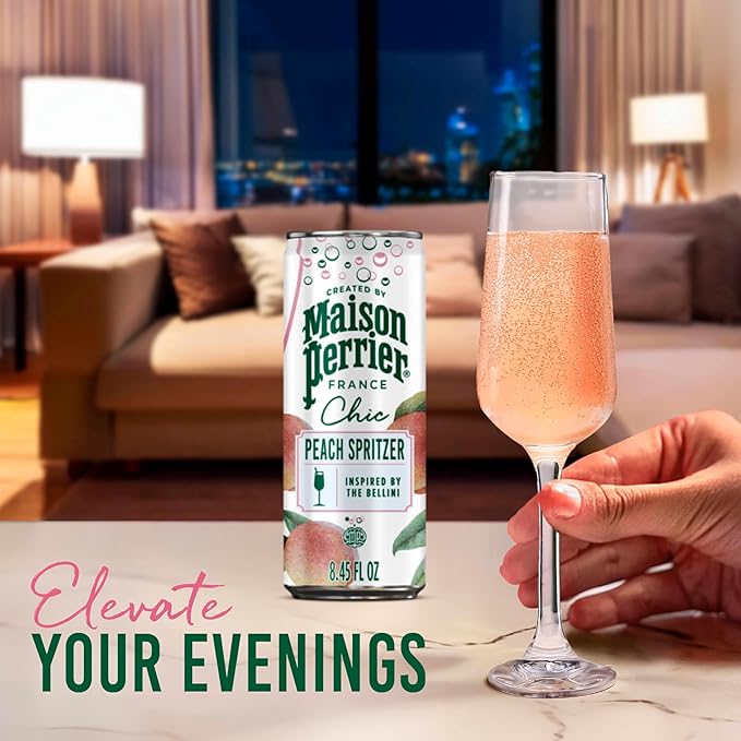 Maison Perrier Chic Peach Spritzer Flavored Sparkling Beverage, Low Calorie, Mocktail, 24-Pack