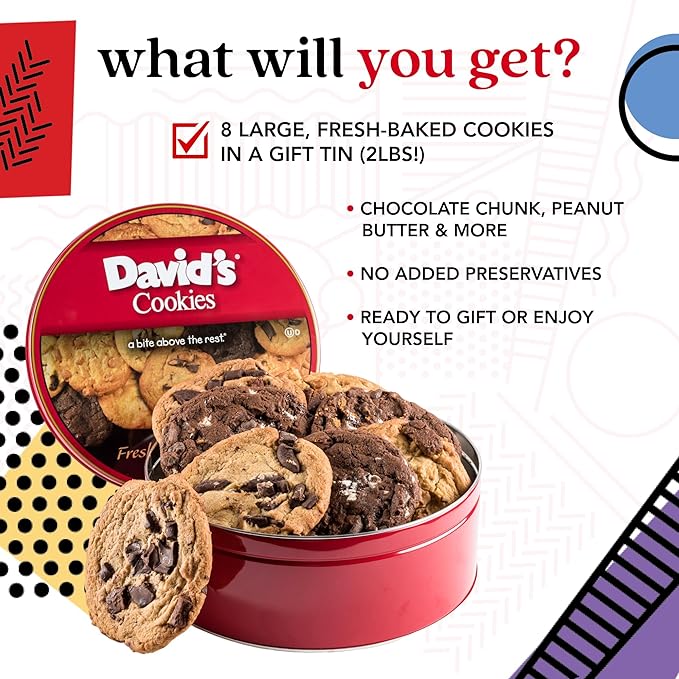 David's Cookies Assorted Fresh Baked Decadent Cookie Gift Tin – 2lb Basket with 8 Jumbo Cookies – Soft and Chewy Bakery-Style Dessert for Birthdays, Holidays, Thank You and Special Occasions