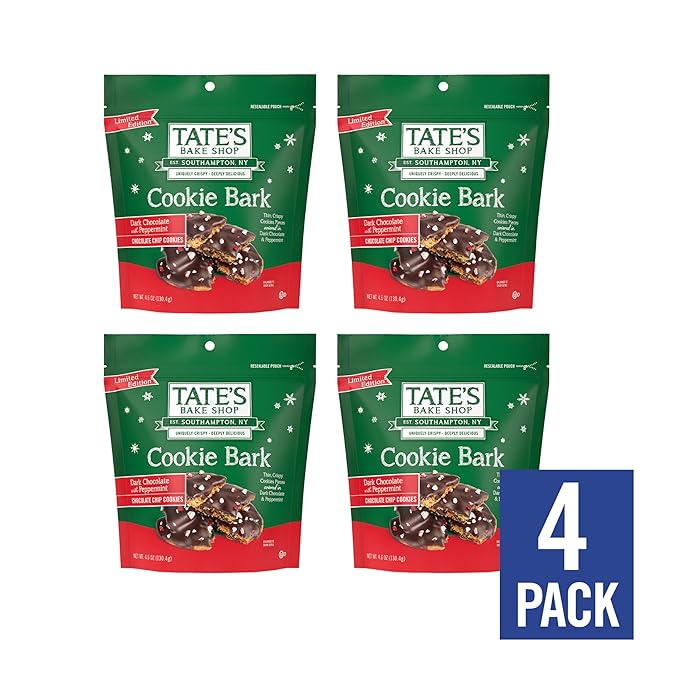 Tate's Bake Shop Cookie Bark, Chocolate Chip Cookies with Dark Chocolate and Peppermint, Limited Edition, 4-4.6 oz Bags