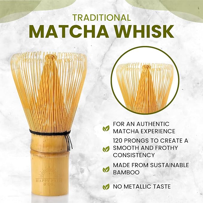 HAPPY PATH & CO Matcha Tea Set – 6 Pcs Matcha Kit Set Includes Bamboo Whisk(Chasen) & Bowl with Spout, Sifter, Scoop & Holder | White Matcha Whisk Set - Perfect Matcha Tool Set for Matcha Lovers