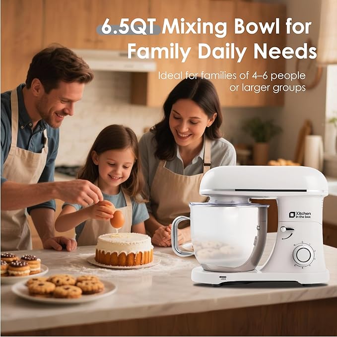 Kitchen in the box Stand Mixer - 900 Watt Heavy Dough Standing Mixers with 6.5 Quart Mixing Bowl, Tilt-head, Dough Hook, Whisk, Flat Beater and Splash Guard (White)