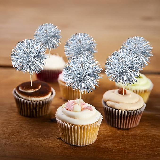 Gyufise 30Pcs Foil Firework Cupcake Toppers Sparkle Tinsel Cake Toppers Tinsel Drink Cake Decoration Cocktail Picks for Birthday Wedding Graduation Party Supplies Dark Silver