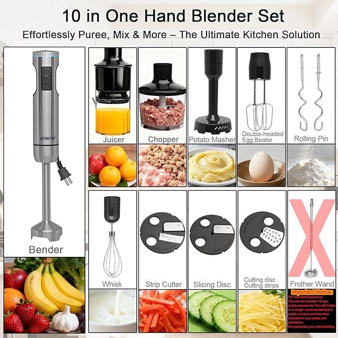 Handheld Immersion Blender, 1000W Powerful 10-in-1 Set for Smoothies,Orange Juicer, Egg Beater, Dough Hook, Vegetable Chopper, Potato Masher (11th Accessory Not Recommended)