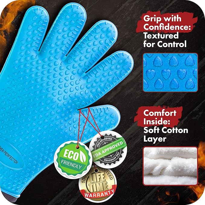 KITCHEN PERFECTION S Silicone Smoker Oven Gloves -Extreme Heat Resistant BBQ Gloves -Handle Hot Food Right on Your Grill Fryer Pit|Waterproof Oven Mitts |Superior Value Set+3 Bonuses