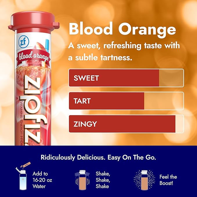Zipfizz Daily Energy Drink Powder, Blood Orange, 20 Pack | 3-in-1 Sustained Energy, Rapid Hydration, and Essential Vitamins | Sugar-Free | Electrolyte Powder | Contains Vitamin B-12 & Antioxidants