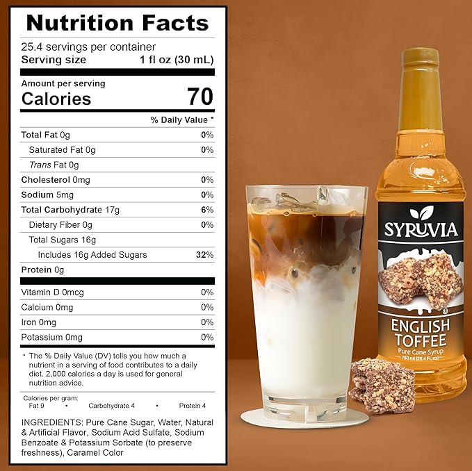 Syruvia Coffee Syrup, English Toffee Flavored Syrup for Drinks, Lattes, and Desserts – 25.4 fl oz, With Pump