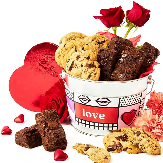 David’s Cookies and Brownies Gift Bucket Sampler – 1.3Lbs Assorted Gourmet with Chocolate Chip Brownies and Chocolate Chunk Cookies in a Love Tin Bucket, Thoughtful Gifts For Her Him
