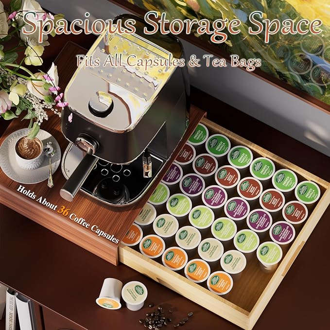 Wooden Kcup Holder for Counter,Tea and Nespresso Coffee Pod Storage Drawer,Nespresso K Cup Organizer,Keurig Pod Holder Organizer,Nespresso Coffee Bar Accessories