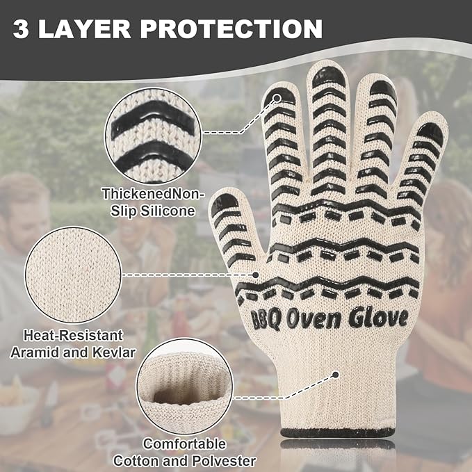 BBQ Gloves 932℉ Heat Resistant Oven Gloves, Cooking Gloves for BBQ, Grilling, Baking,Cutting, Smoker Fireplace-1 Pair (Black)