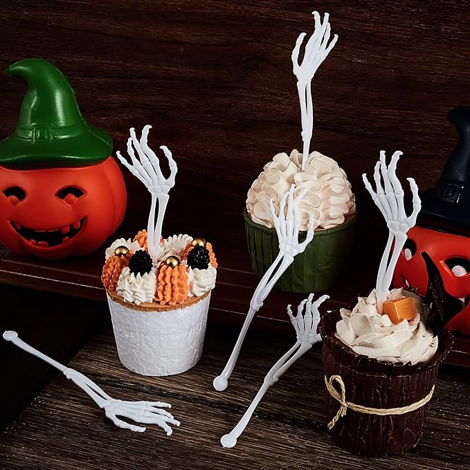 Remerry 100 Pcs Halloween Skeleton Swizzle Sticks Cocktail Garnish Sticks Hand Plastic Food Picks Coffee Stirrers Reusable Drink Stir Sticks Halloween Party Decorations for Birthday Bar Home(White)