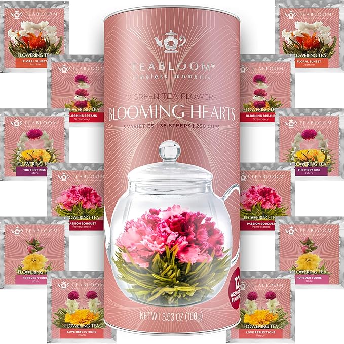 Teabloom Heart-Shaped Flowering Teas – 12 Assorted Blooming Tea Flowers – Green Tea + Jasmine, Pomegranate, Strawberry, Rose, Litchi & Peach