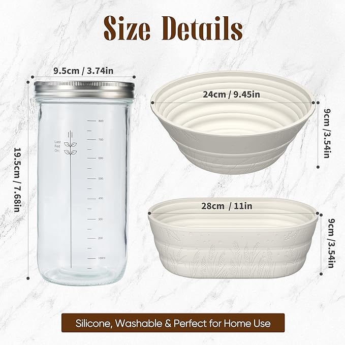 Sourdough Starter Kit with Jar – Complete Sourdough Bread Baking Supplies for Beginners, Includes 2 Silicone Proofing Baskets Baking Mat Sour Dough Kit - White