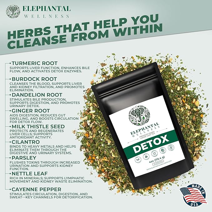 Elephantal Wellness Premium Detox Herbal Tea | Daily Liver, Kidney, Blood & Digestive Support with Turmeric, Milk Thistle, Dandelion & Burdock | Non-GMO, Handmade, Caffeine-Free Loose Leaf Blend - 4oz, 40 Servings