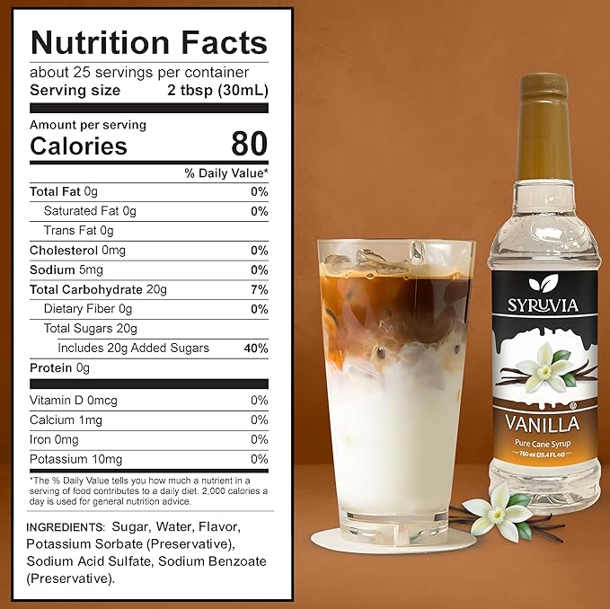Syruvia Coffee Syrup, Vanilla Flavored Syrup for Drinks, Lattes, and Desserts – 25.4 fl oz