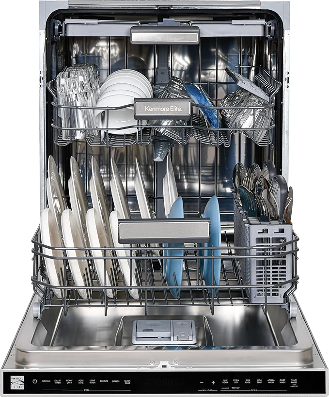 Kenmore Elite 24" Built-In Dishwasher - UltraWash Plus, TurboDry, QuietWash, SmartWash, TurboFlex Third Rack & Reach-Thru Handle - 15 Place Settings - 42 DBA - ENERGY STAR Certified - Stainless Steel