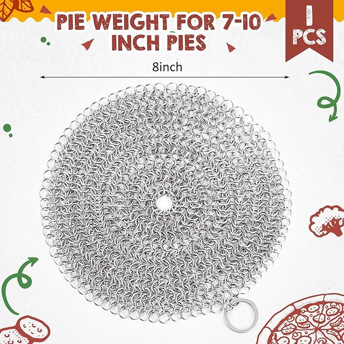 Patelai 1 Pcs Stainless Steel Pie Weights for Baking Universal Fit Pie Weight for 7-10 Inch Pies Round Metal Pies Weights Chain Dishwasher Safe Durable Blind Baking Dough Cooking Pastry (8 Inch)